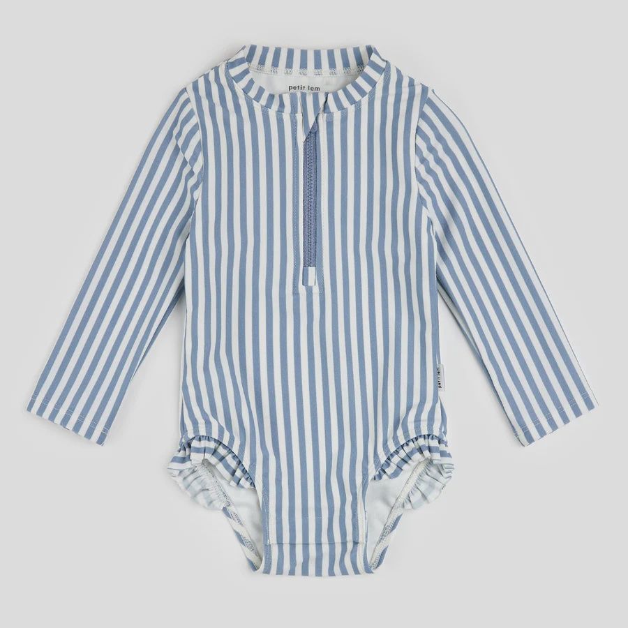 Maillot 1pce manche longue bébé fille rayé blanc et bleu