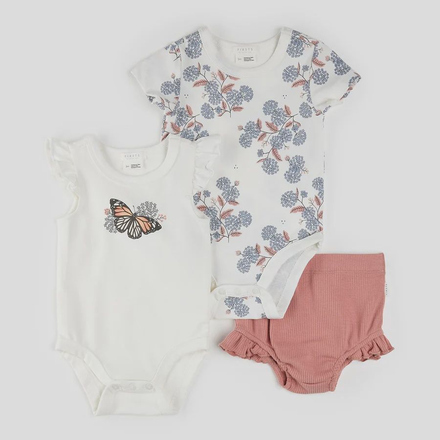 ensemble 3 pièces, cache couches avec motif fleurs et papillons, Grandeur: 3 mois