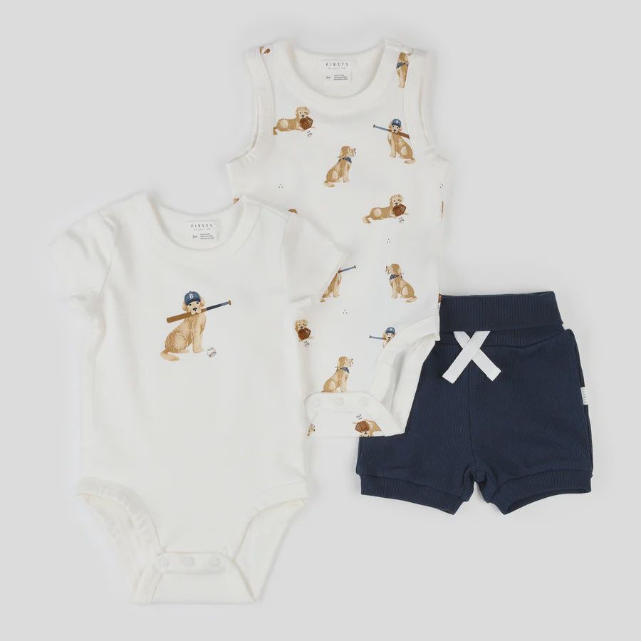 Ensemble 3 pce, 2 cache-couches blanc avec chien et short marine
