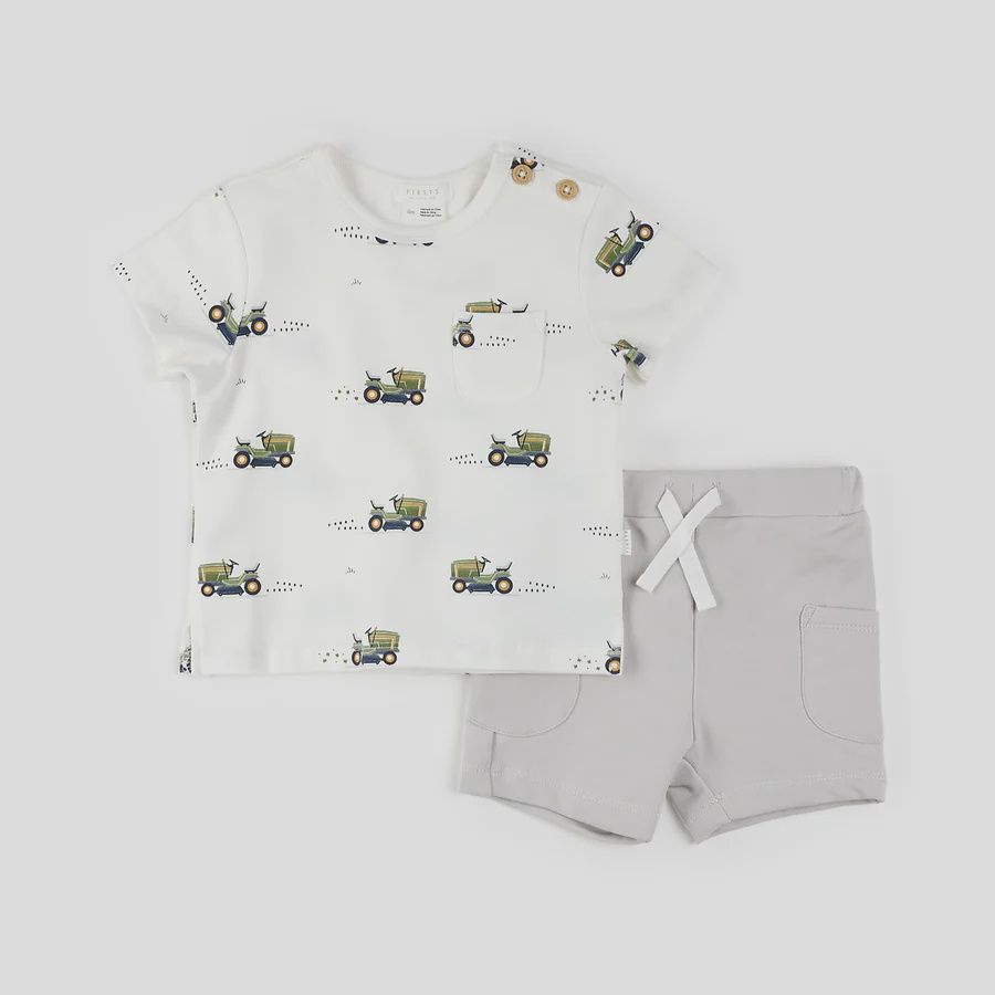 Ensemble 2 pce, t-shirt blanc avec tracteur t short gris