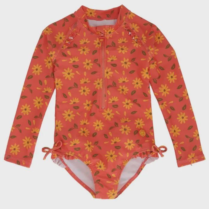 Maillot manche longue orange avec fleurs jaunes