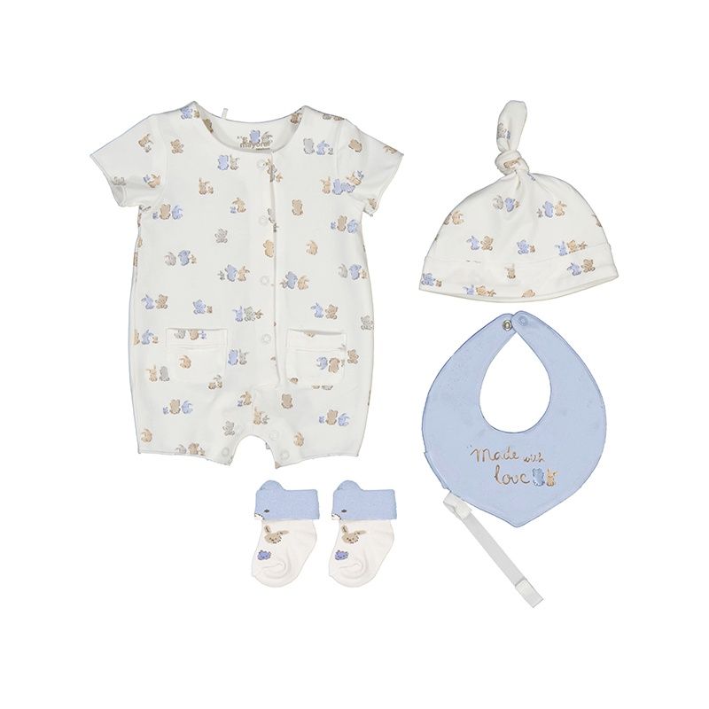 ensemble 4 pièces bleu et blanc avec lapins et oursons 9910