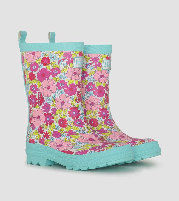 Bottes a l'eau rose et bleu avec fleurs