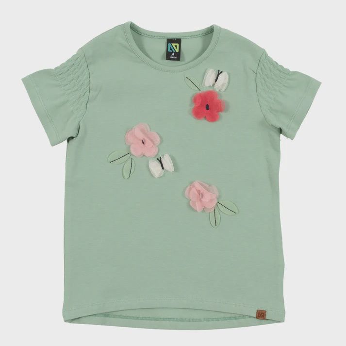 T-shirt vert avec fleurs et papillons en tulle 2504