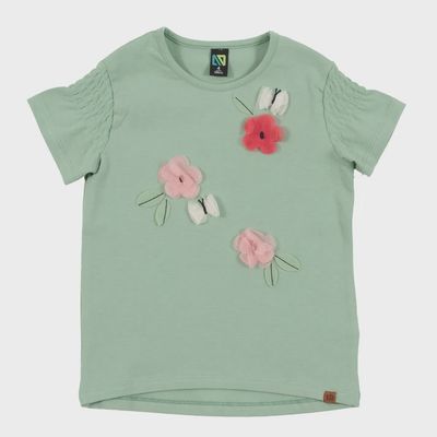 T-shirt vert avec fleurs et papillons en tulle 2504