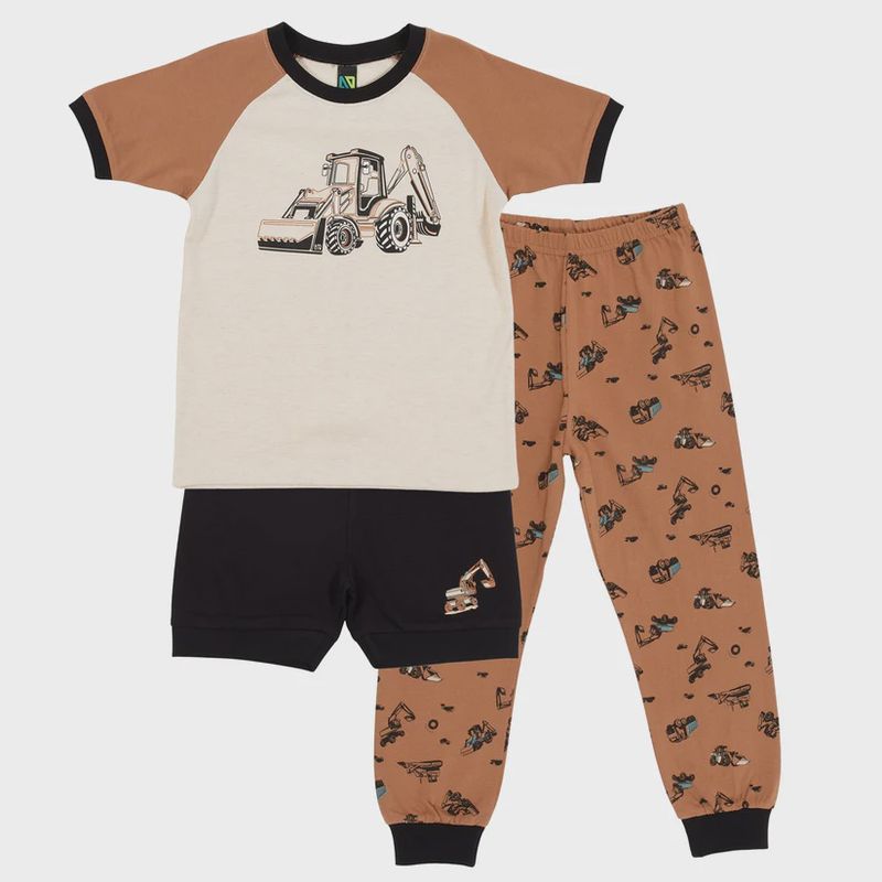 Pyjama 3 pièces court  beige et brun camions p05