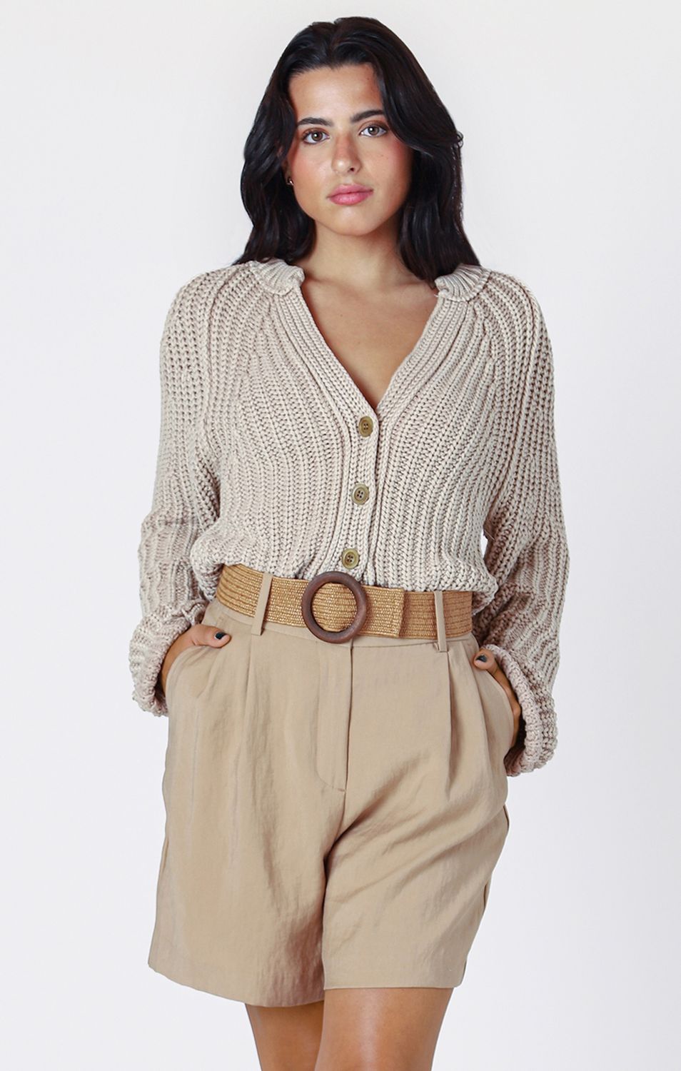 Cardigan texturé à boutonnage sable 7267