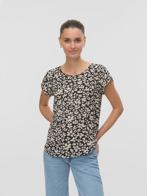 Top noir motif fleur beige 9823