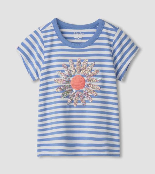 T-shirt rayé avec fleur en paillette
