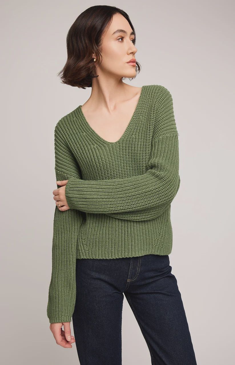 Pull en tricot à col en V Kaki 3108
