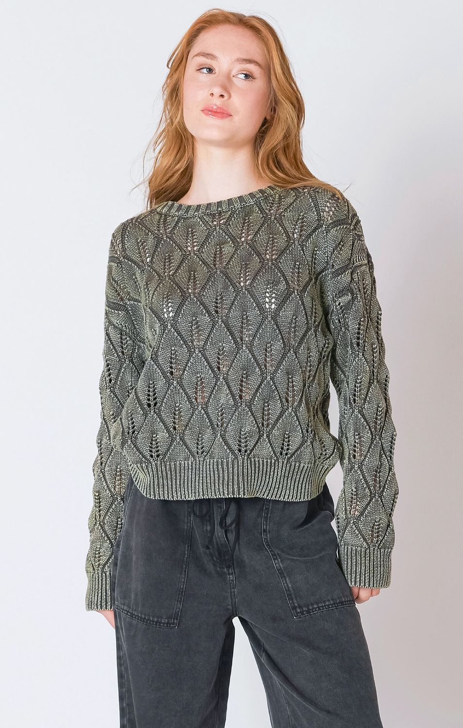 Pull col rond en pointelle kaki délavé 7040