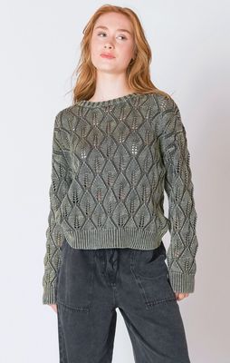 Pull col rond en pointelle kaki délavé 7040