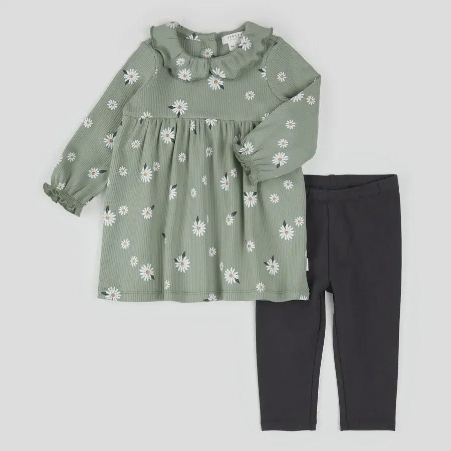 Ensemble robe côtelée à imprimé marguerite sur vert sauge E02B