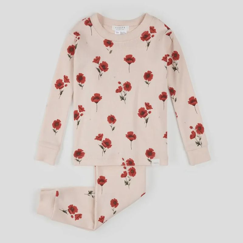 Ensemble pyjama rose à imprimé de coquelicots pour bébé Q02B