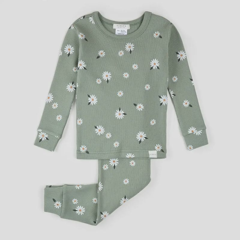 Ensemble pyjama verte sauge à imprimé de marguerites pour bébé Q02B