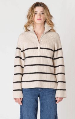 Pull long demi fermeture ivoire rayures noires 7033
