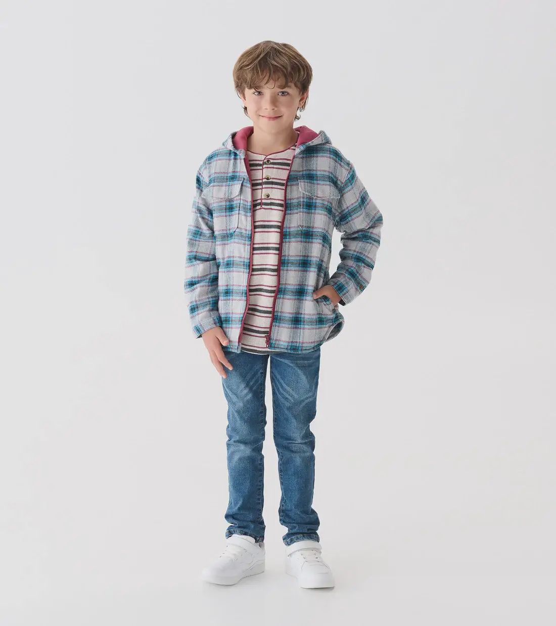 Veste doublé à capuchon motif écossais gris et marron-468
