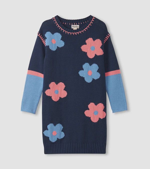 Filles bleu marine fleur épaule tombante robe pull
