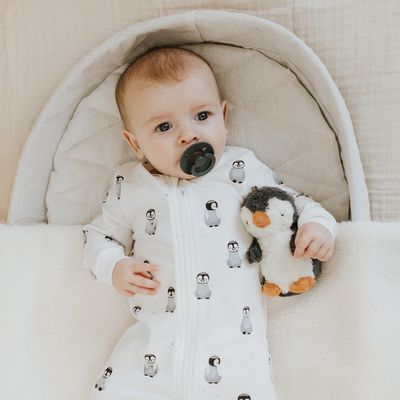 Imprimé Baby Penguin sur une dormeuse blanc cassé