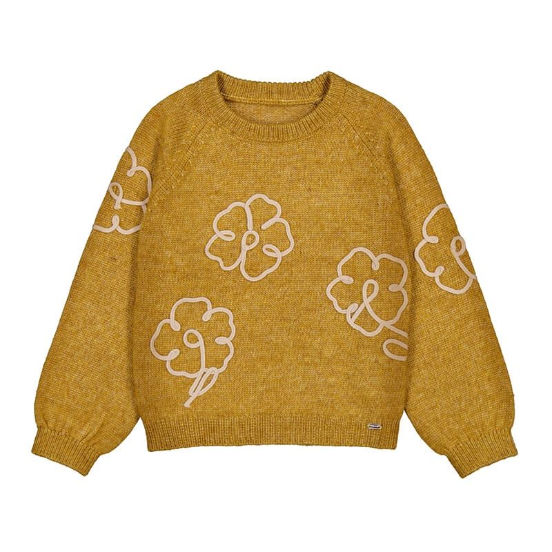 Pull tricot moutarde fleurs 4308