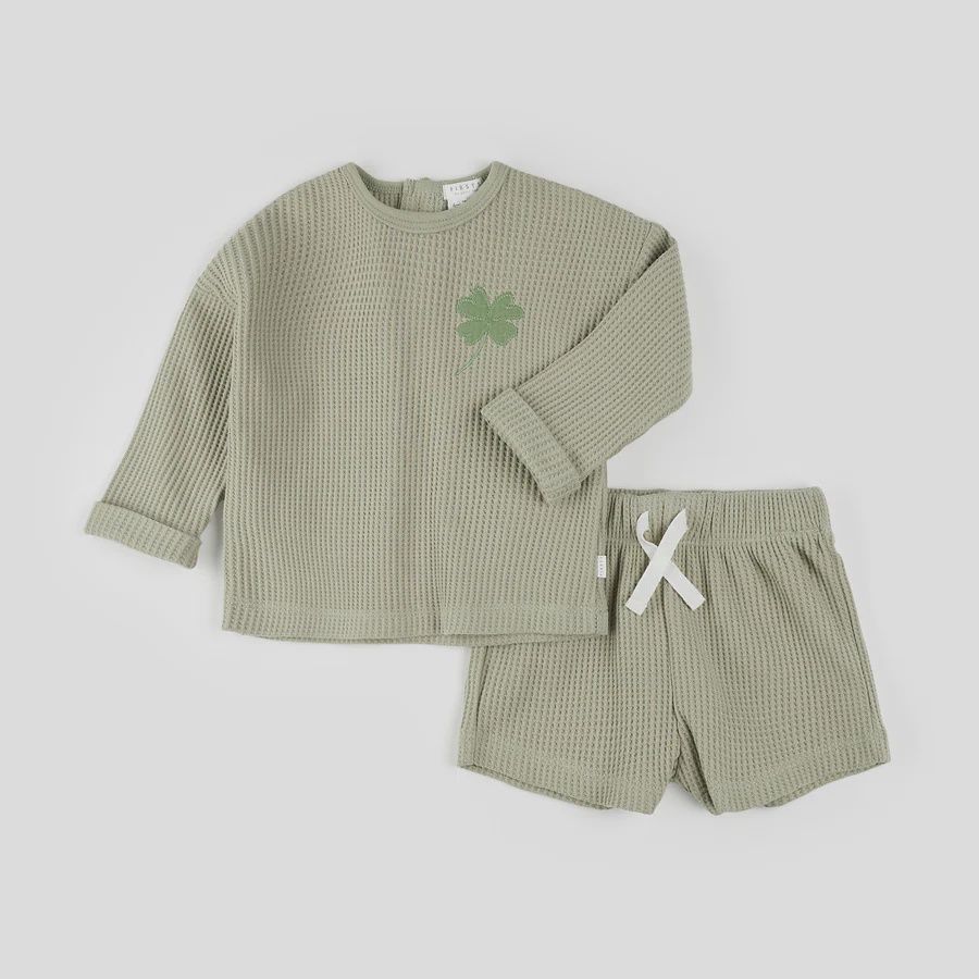 Ensemble deux pièces, chandail et short gaufré, Colour: trèfle vert, Grandeur: 9 mois