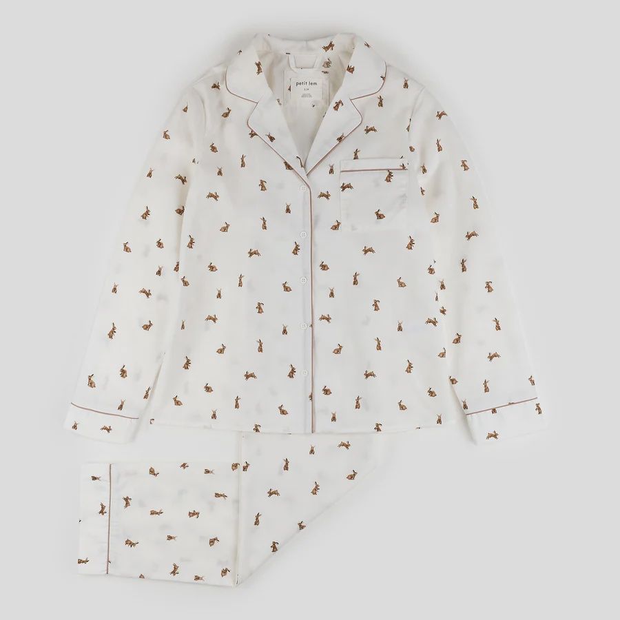 Pyjama deux pièces à boutons, blanc avec imprimé de lapins, Grandeur: 10 ans