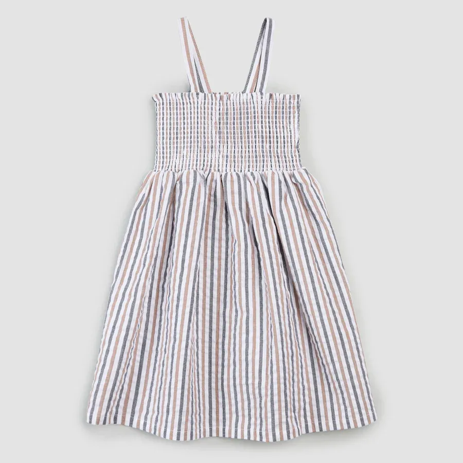 Robe rayée brune, blanche et bleue d08k