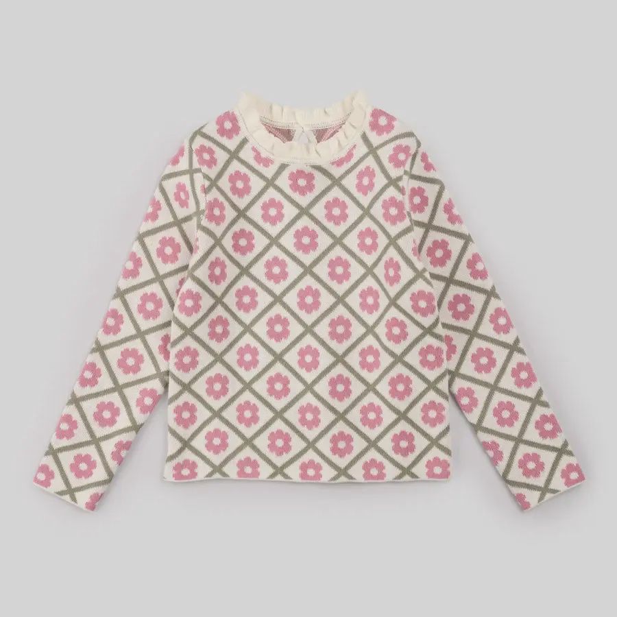 Tricot beige  fleuri t04k