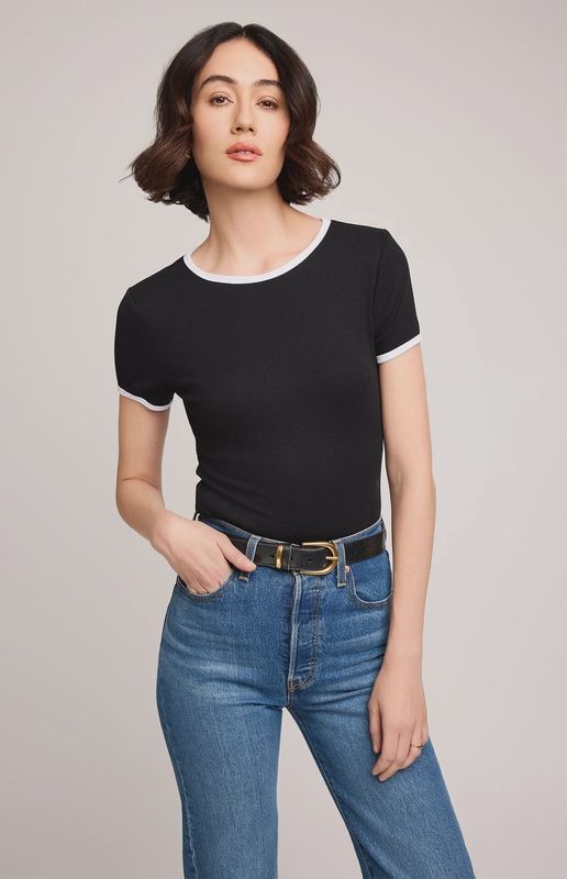 T-shirt côtelé noire avec bande blanche 1155