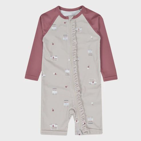Maillot de bain une pièce à manches longues, Grandeur: 12-18 mois, Motif: rose avec camions de crèmes glacées
