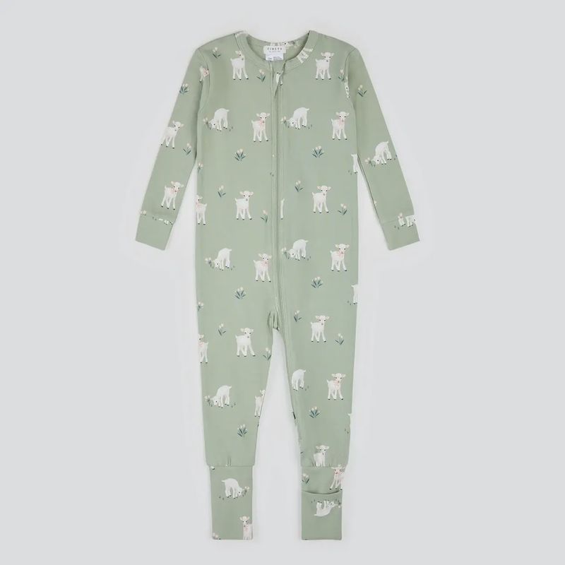 Pyjama pied convertible petits agneaux sur fond vert