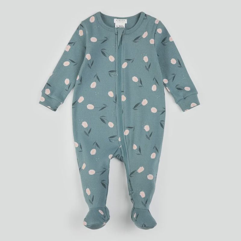 Pyjama teal motif tulipe rose P01B