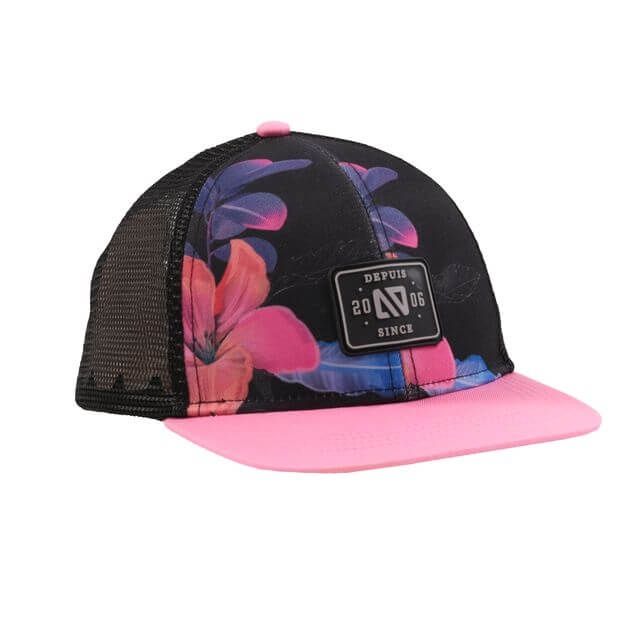 Casquette noire motif fleur rose/corail AS50