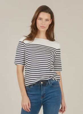T-shirt léger blanc cassé avec rayure marine 6118