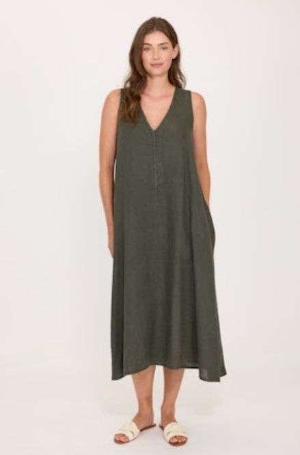 Robe longue en lin vert armée 0353