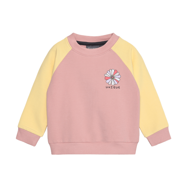 Chandail rose, manches jaunes, motif fleur unique 2525