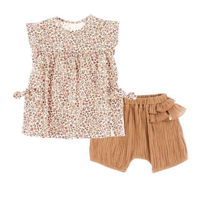 Ensemble 2 pièces short brun et t-shirt fleuri 2660