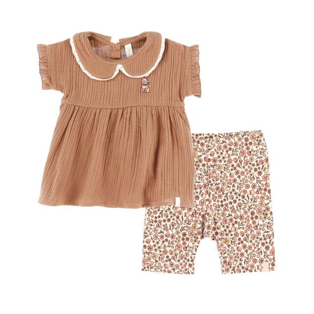 Ensemble 2 pièces robe brun et legging fleuri 2660