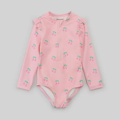 Maillot de bain rose clair à manches longues et imprimé cerises 4m08