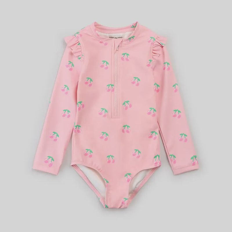Maillot de bain rose clair à manches longues et imprimé cerises 4m08