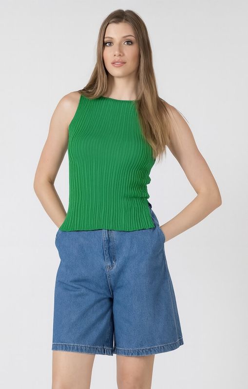Débardeur côtelé vert à col bateau 7018