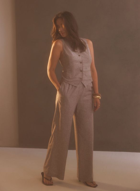 Pantalon Miona café rayure ivoire 6386