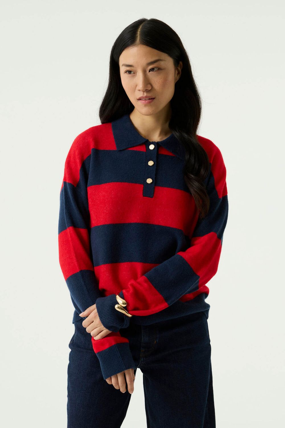 Polo rayé marine et rouge -042