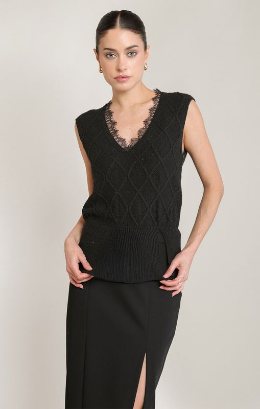 Tricot sans manche avec encolure en dentelle 7001