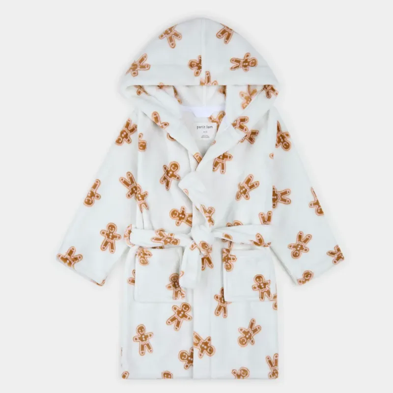 Robe de chambre en peluche ivoire à imprimé bonshommes en pain d'épice