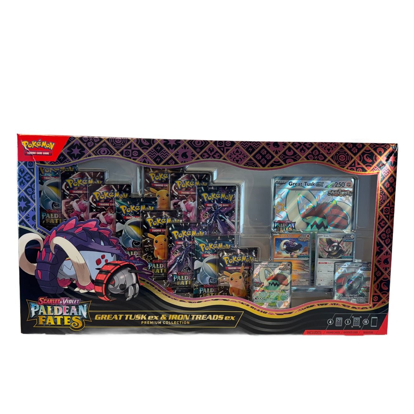 Pokemon Great Tusk Ex &amp; Iron Threads Ex Premium Coll Box NEW