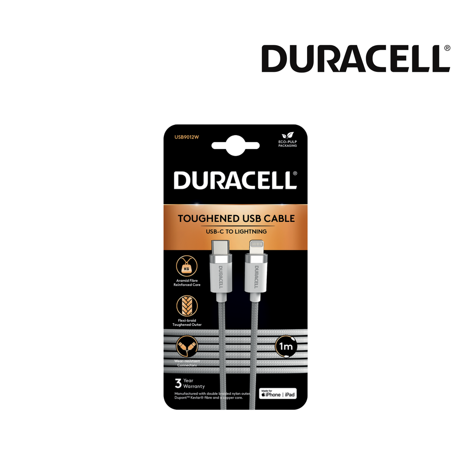 Câble tressé USB-C vers Lightning 1M - Duracell - Blanc