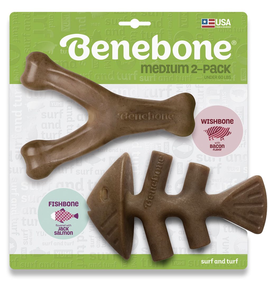 Benebone Salmon Fishbone and Bacon Wishbone Chew Toys 2 Pack Medium