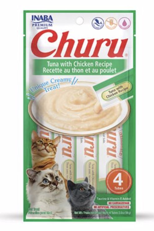 Inaba Churu Tuna with Chicken Recipe Puree Cat Treat Tubes 4 Pack