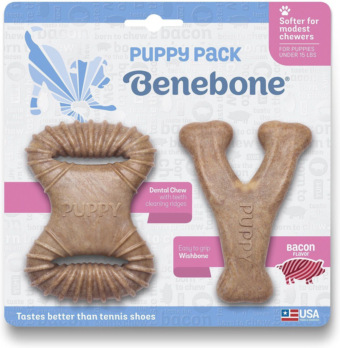 Benebone Bacon Flavored Wishbone and Dental Chew Toys 2 Pack for Puppies